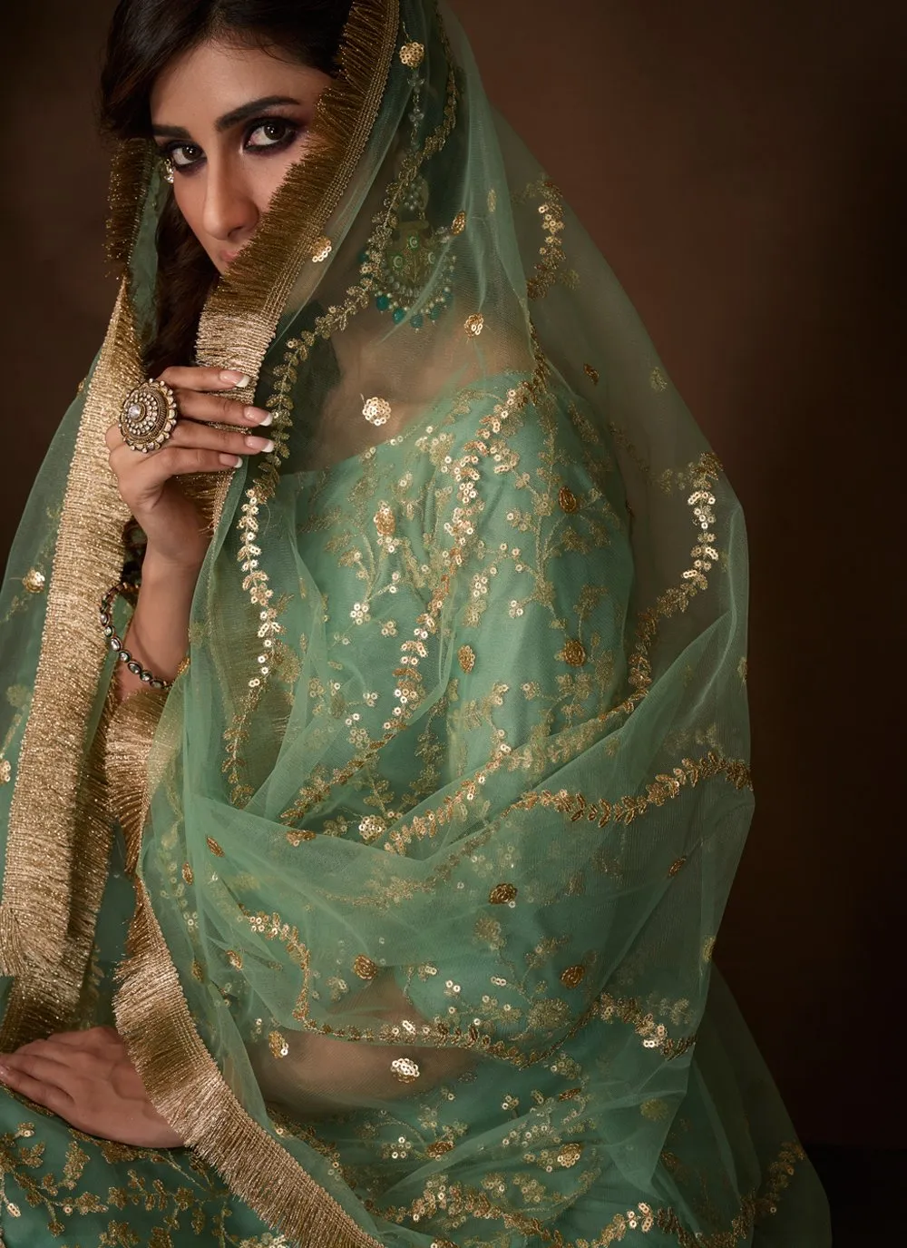 Sea Green Color Embroidered Designer Net Palazzo Suit