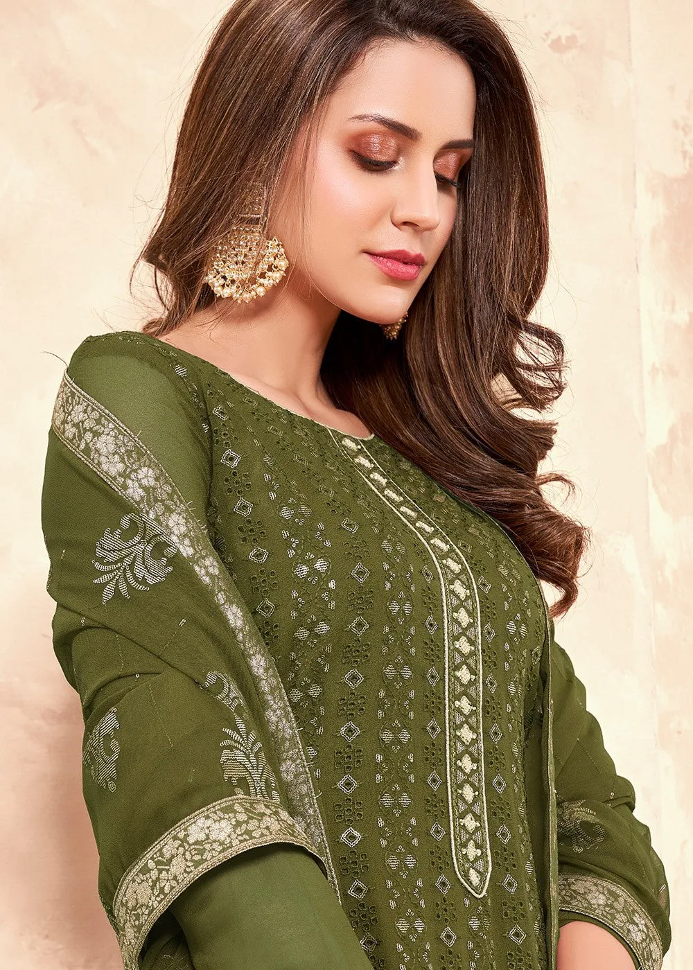 Sequins Embroidered Green Pakistani Style Suit