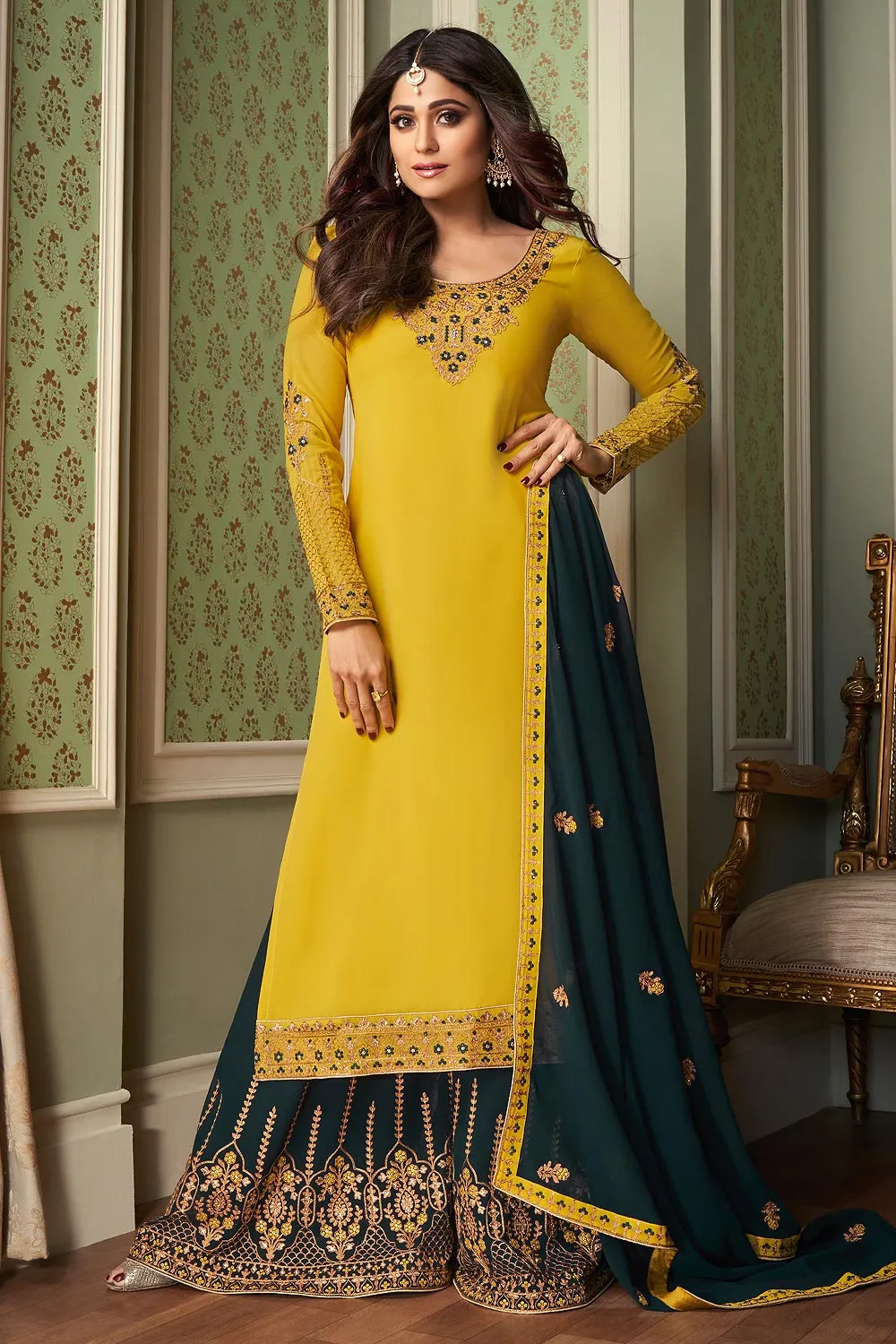 Shamita Shetty Yellow & Green Georgette Palazzo Suit
