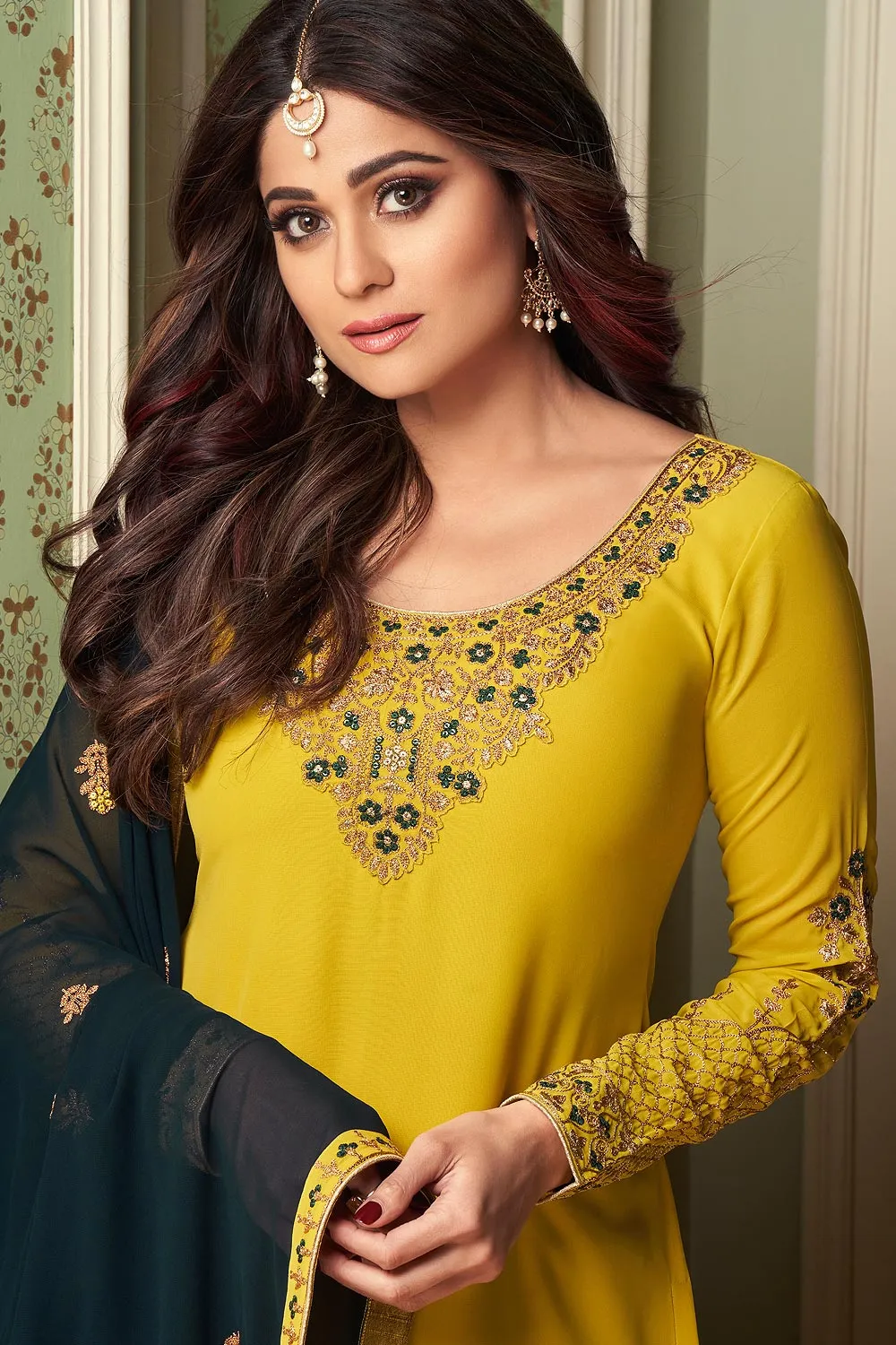 Shamita Shetty Yellow & Green Georgette Palazzo Suit