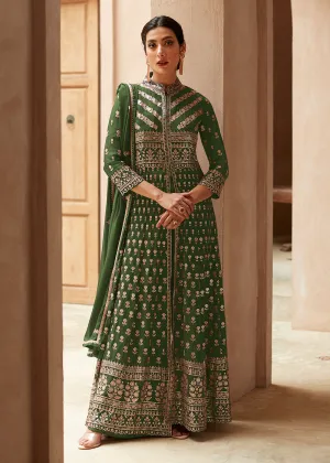 Soft Green Anarkali Style Front Slit Palazzo Style Suit