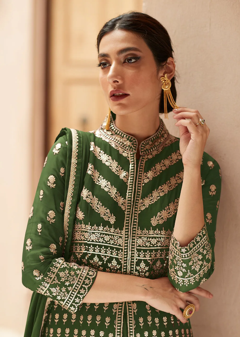 Soft Green Anarkali Style Front Slit Palazzo Style Suit