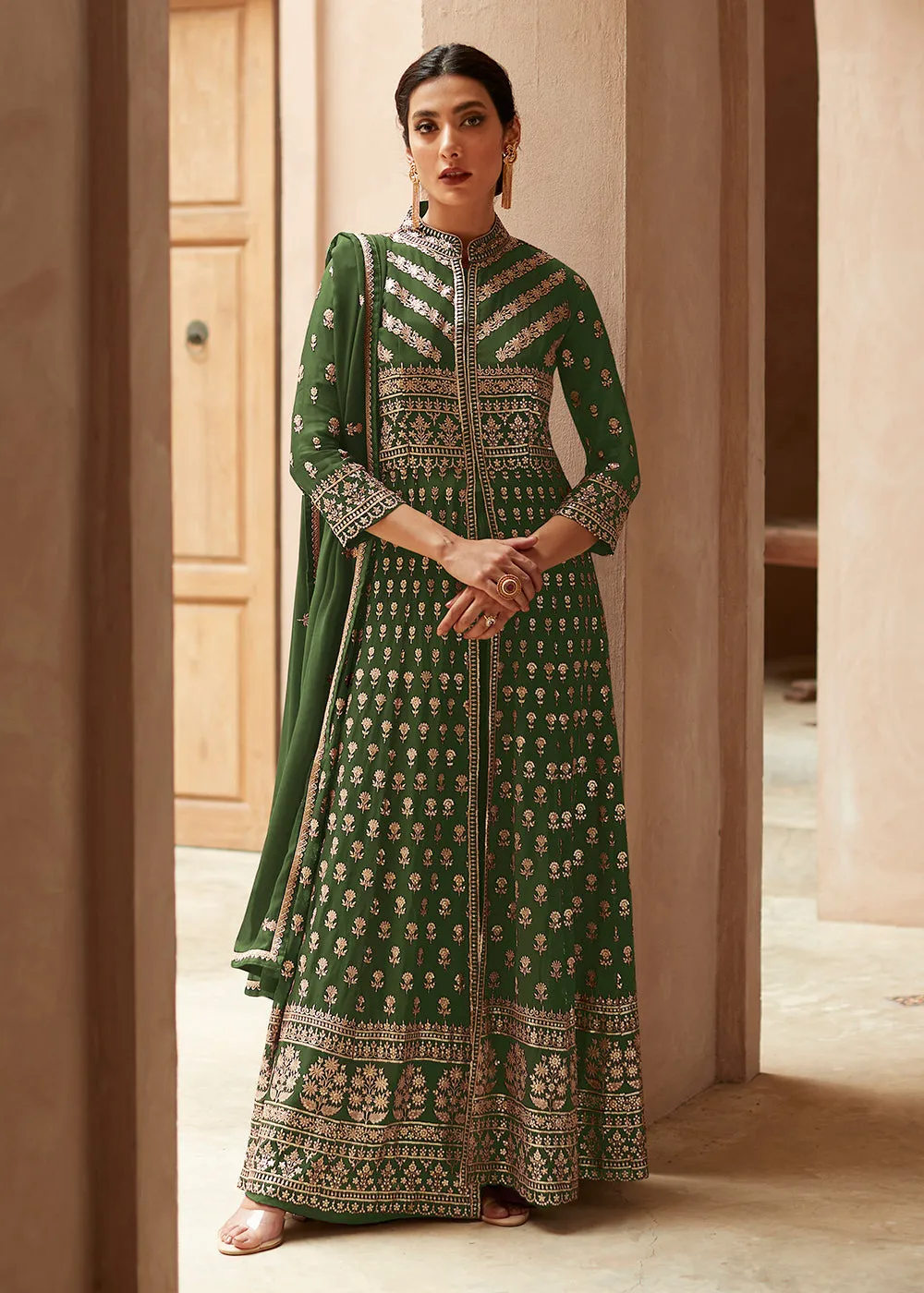 Soft Green Anarkali Style Front Slit Palazzo Style Suit