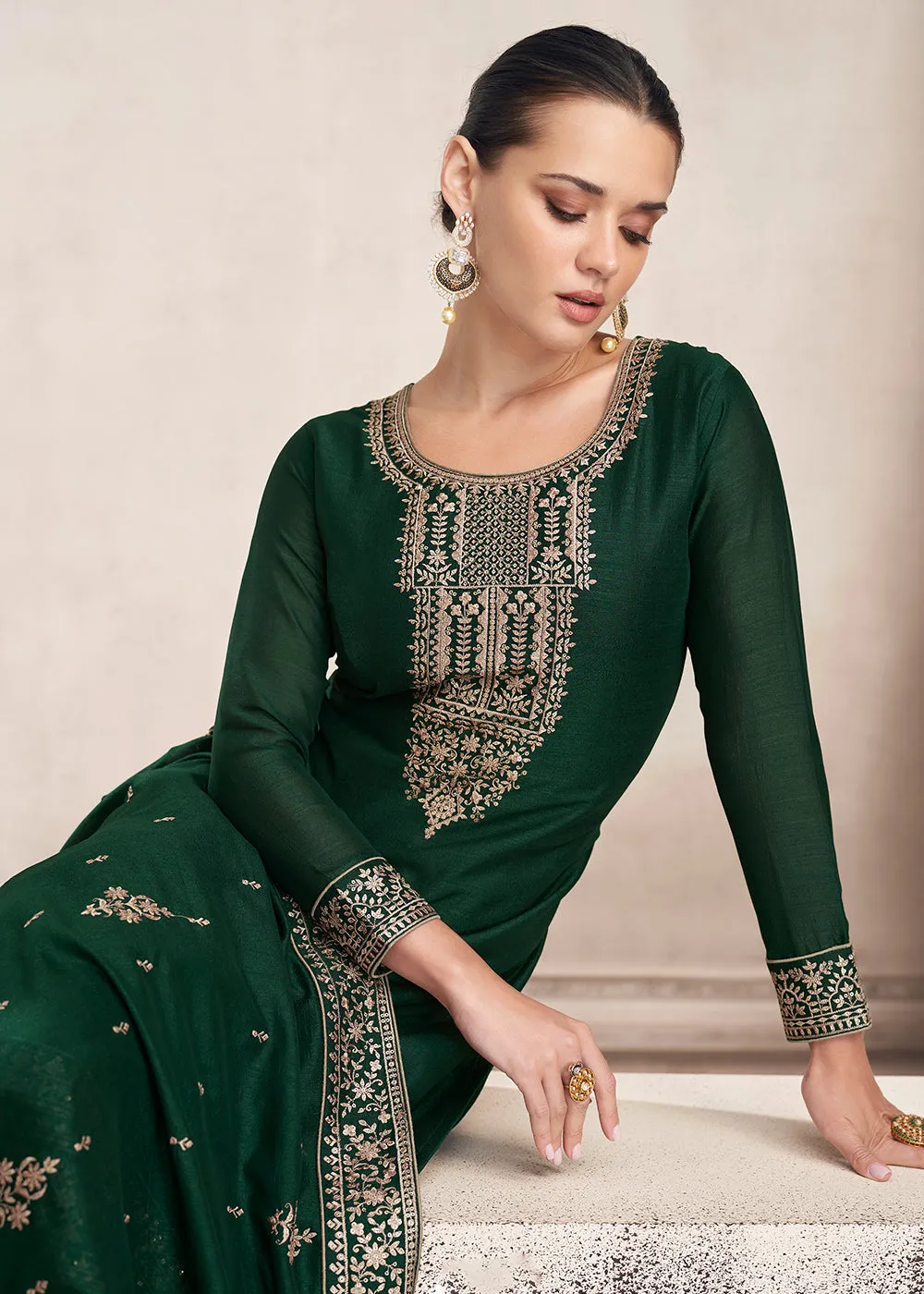 Straight Cut Dark Green Silk Festive Salwar Kameez