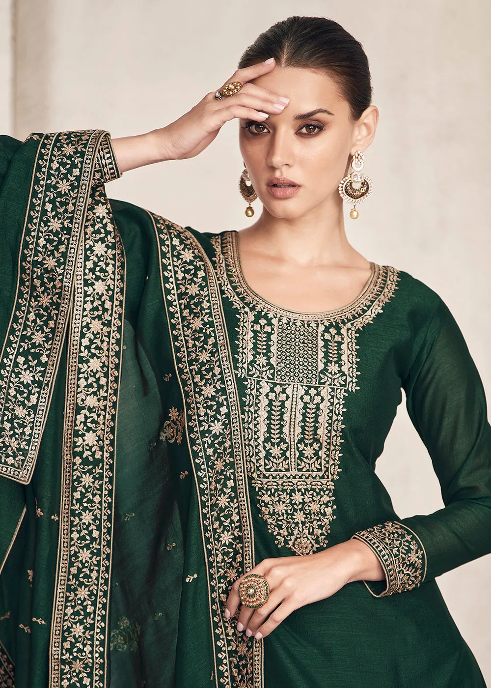 Straight Cut Dark Green Silk Festive Salwar Kameez