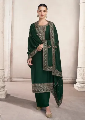 Straight Cut Dark Green Silk Festive Salwar Kameez