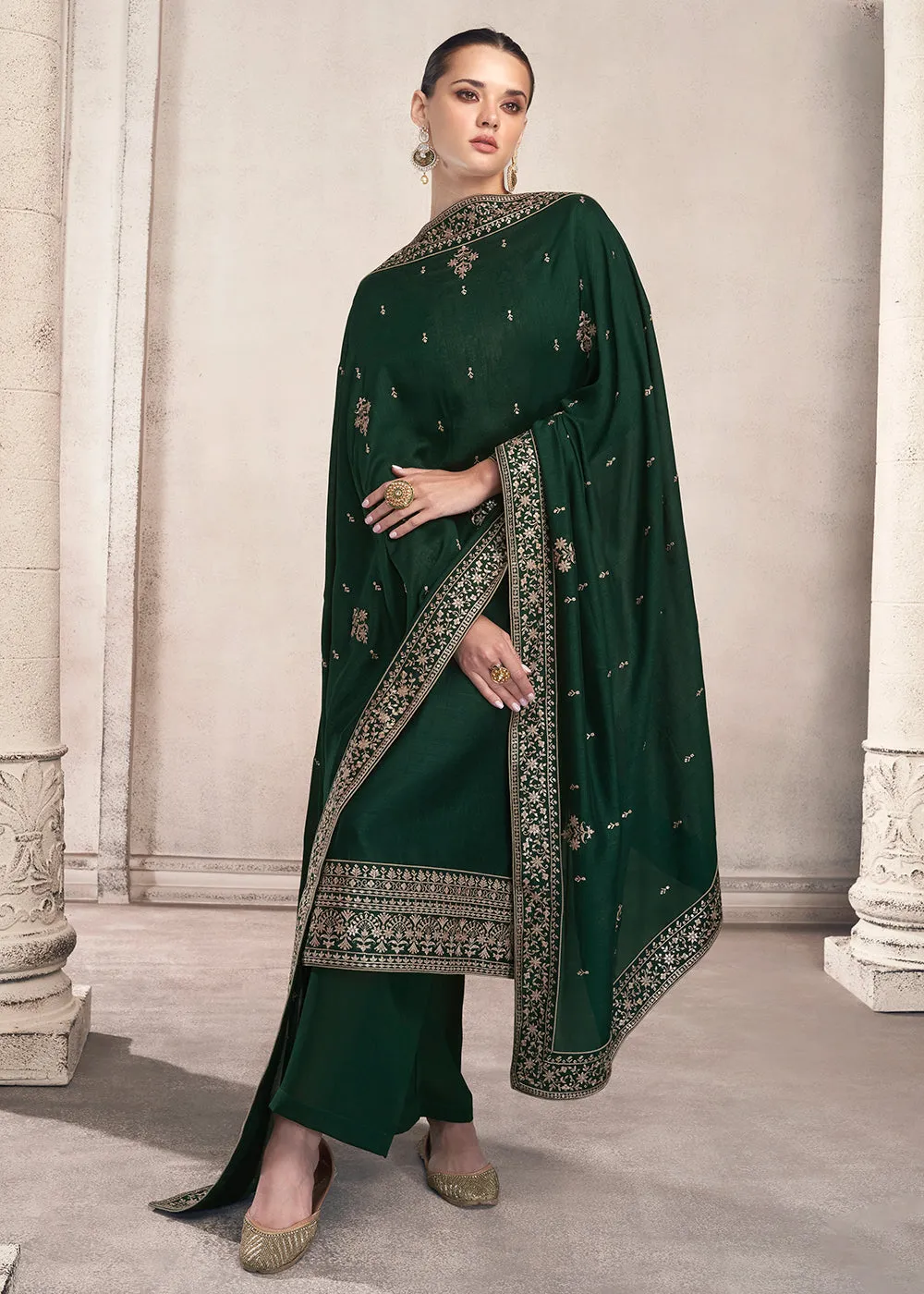 Straight Cut Dark Green Silk Festive Salwar Kameez