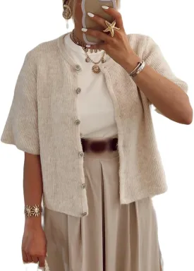 Sumleno Womens Ribbed Knit Cardigan Y2k Crop Top Short Sleeve Button Down Open Front Sweater Loose Casual Cardigan