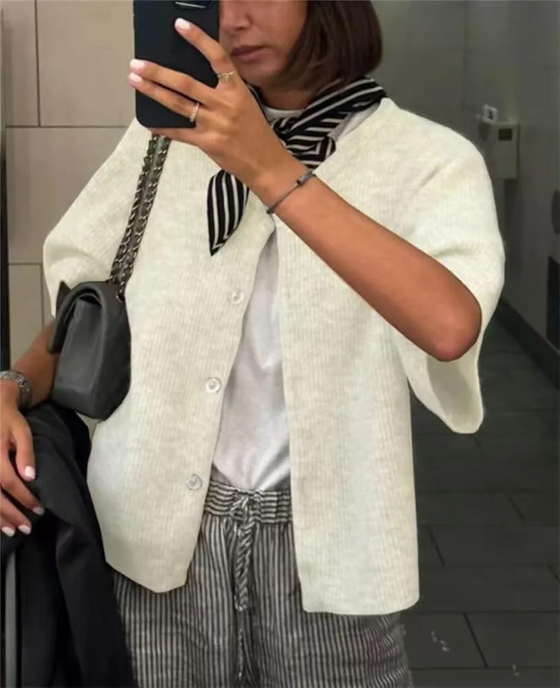 Sumleno Womens Ribbed Knit Cardigan Y2k Crop Top Short Sleeve Button Down Open Front Sweater Loose Casual Cardigan