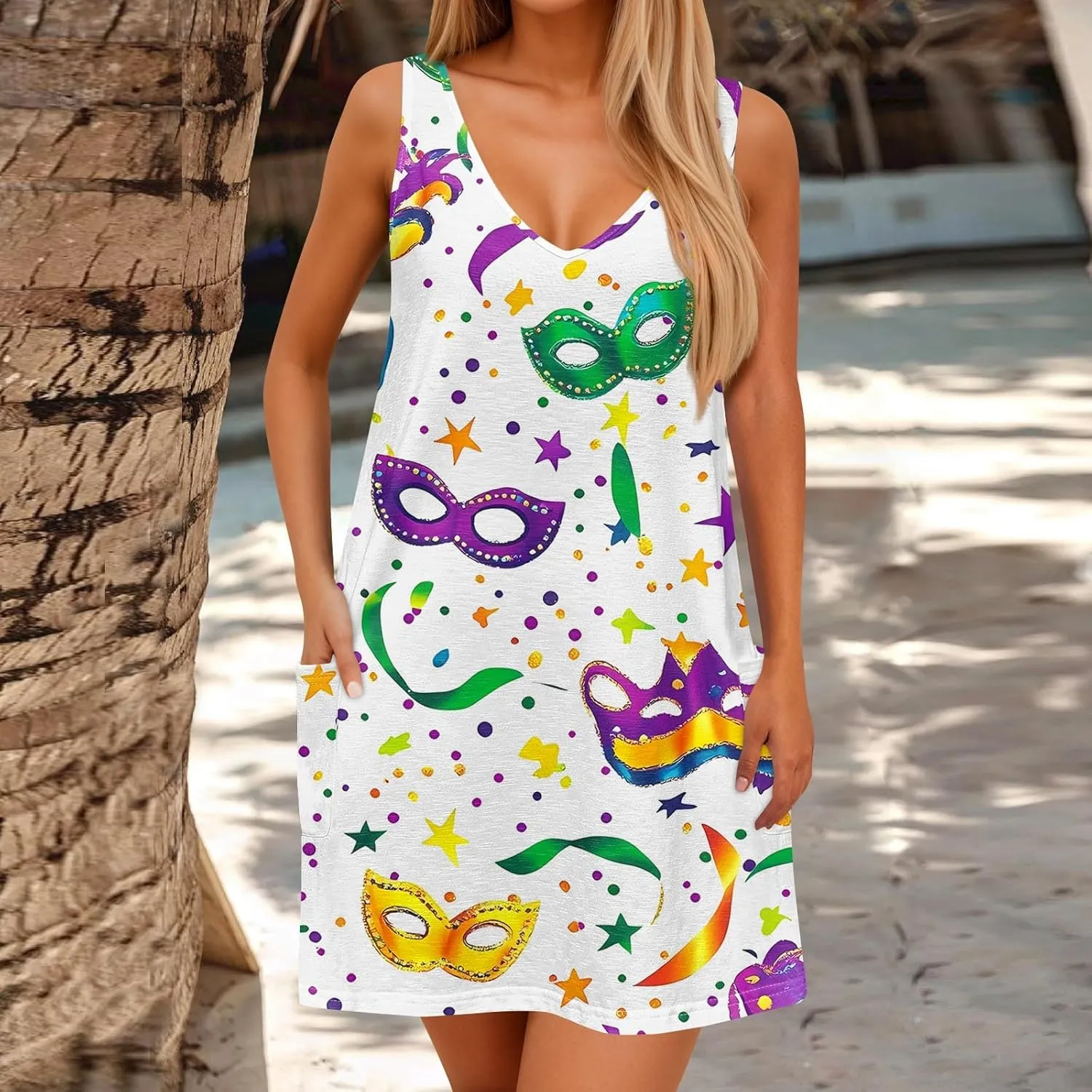 Summer Dresses for Women 2025 Vacation Sundress Printed Sleeveless Swimsuit Coverup Casual V Neck Dress with Pocket