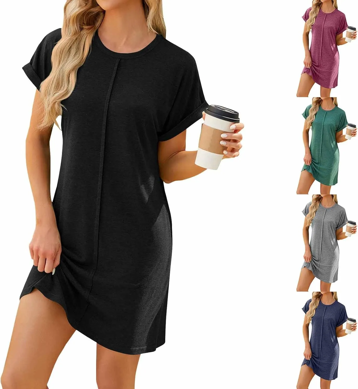 Summer Dresses for Women 2025,Womens Solid Crewneck Short Sleeve T-Shirt Dress Loose Beach Vacation Mini Dress