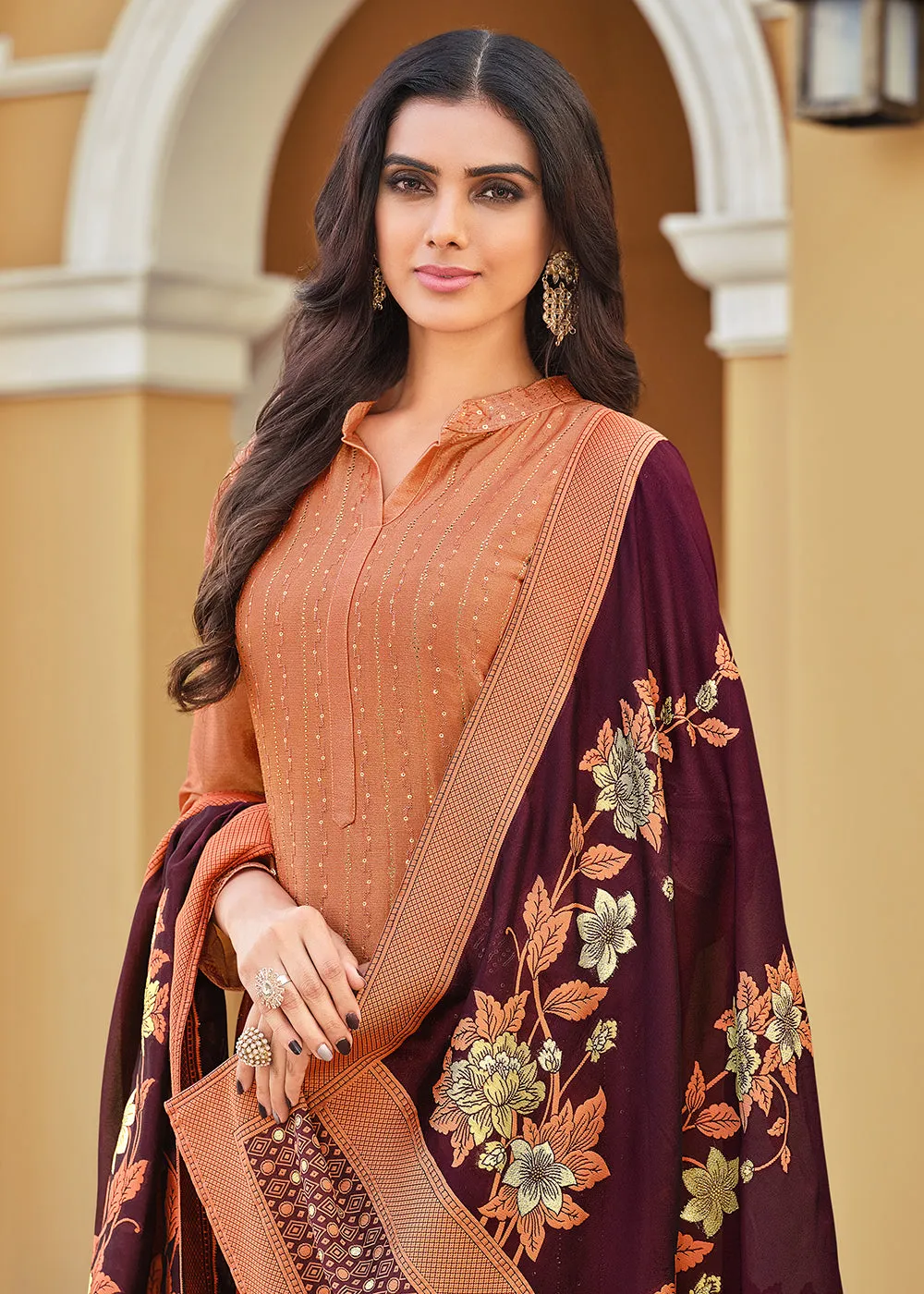 Swarovski Embroidered Beatific Peach Pant Salwar Suit