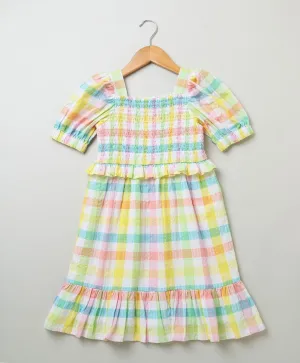 Sweetlime By AS Cotton Checkered A line Dress with smoking yoke- Multi