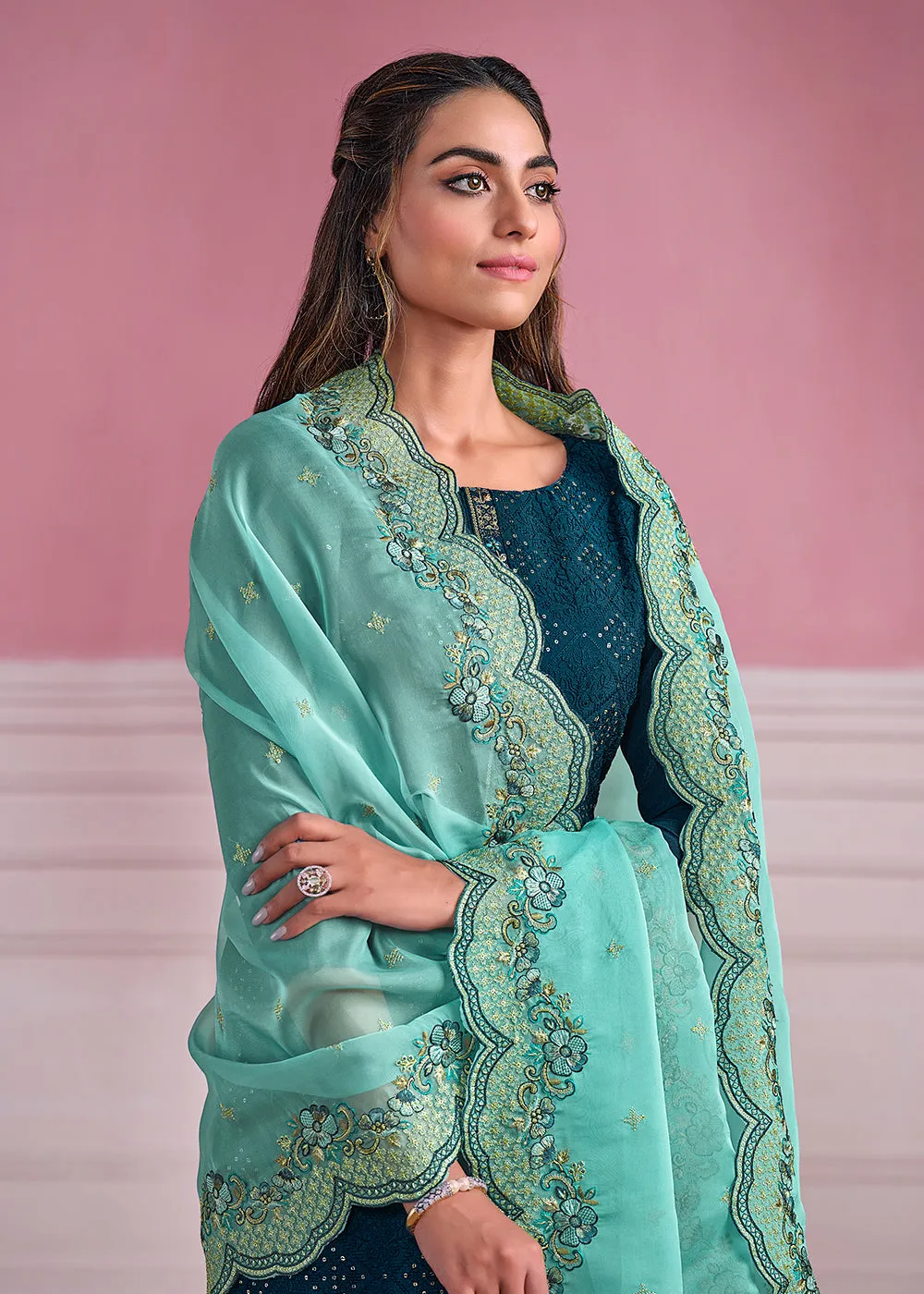 Teal Blue Chinnon Chiffon Chikankari Embroidered Wedding Salwar Suit