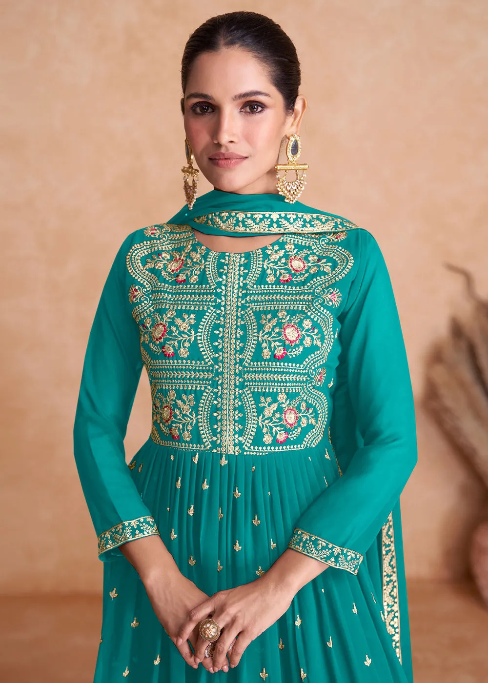Teal Blue Wedding Embroidered Multicolor Palazzo Suit