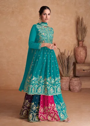 Teal Blue Wedding Embroidered Multicolor Palazzo Suit