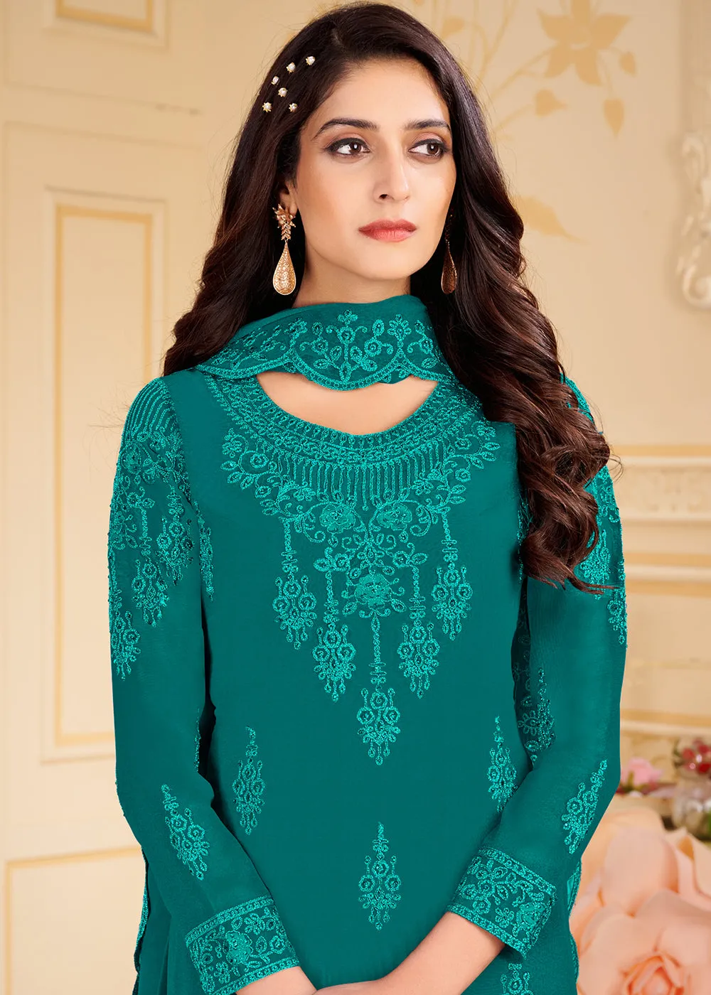 Trendy Teal Blue Georgette Eid Wear Salwar Kurta Suit