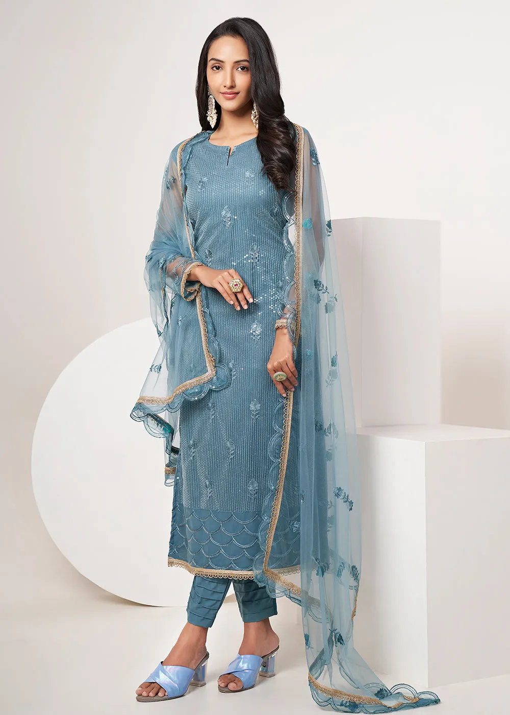Turquoise Blue Net Embroidered Festive Salwar Suit