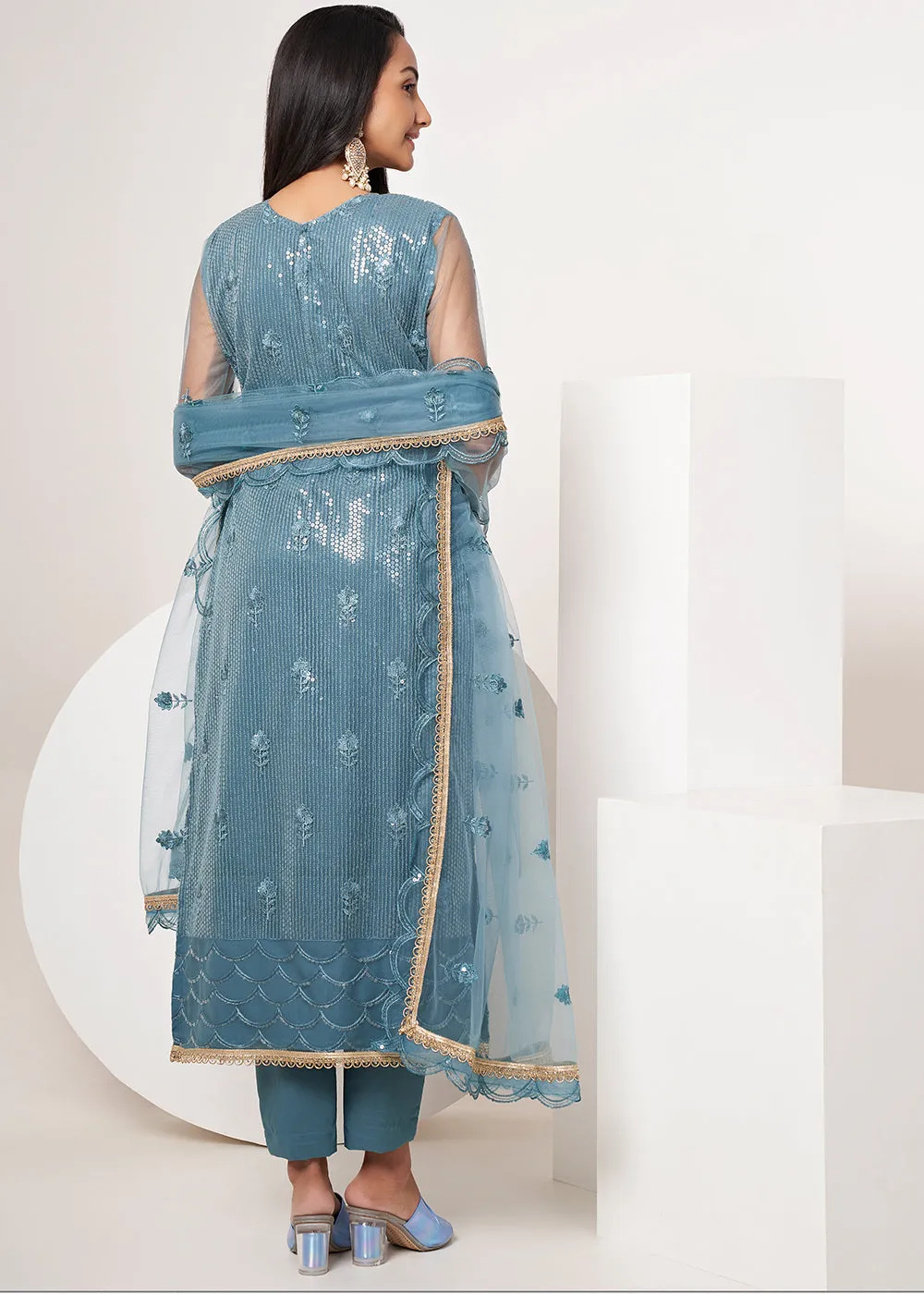 Turquoise Blue Net Embroidered Festive Salwar Suit