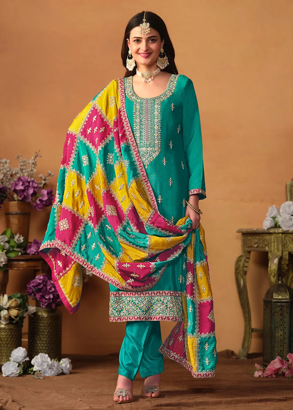 Turquoise Chinnon Silk Salwar Suit with Multicolor Dupatta