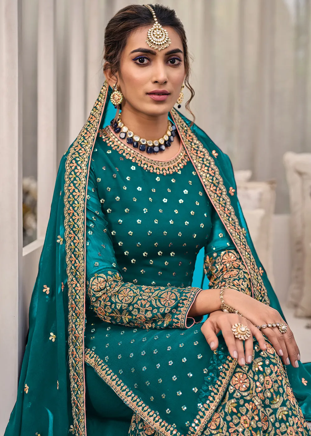Turquoise Chinon & Georgette Designer Palazzo Salwar Suit