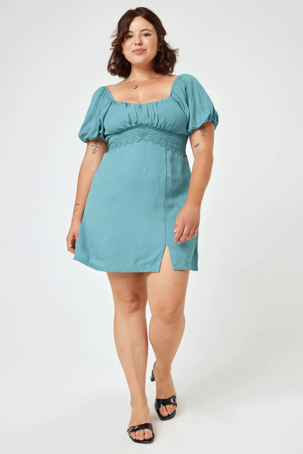 Turquoise Lace Trim Puff Sleeve Dress