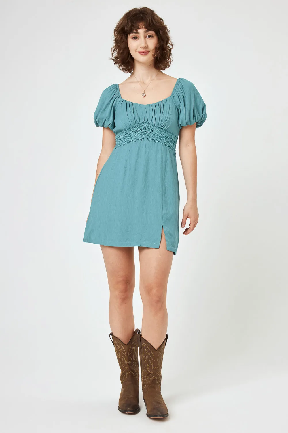 Turquoise Lace Trim Puff Sleeve Dress