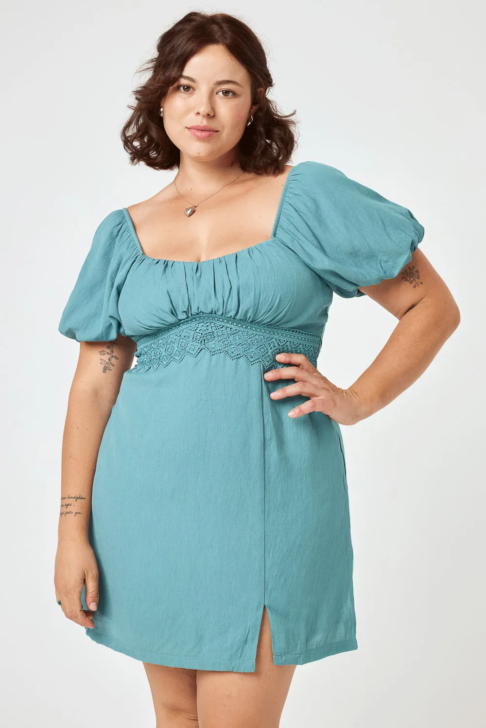 Turquoise Lace Trim Puff Sleeve Dress