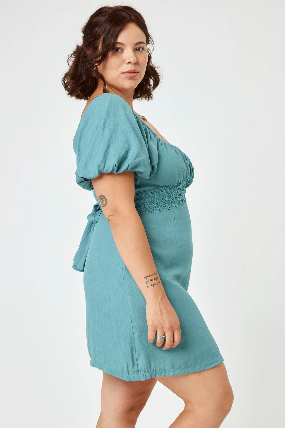Turquoise Lace Trim Puff Sleeve Dress