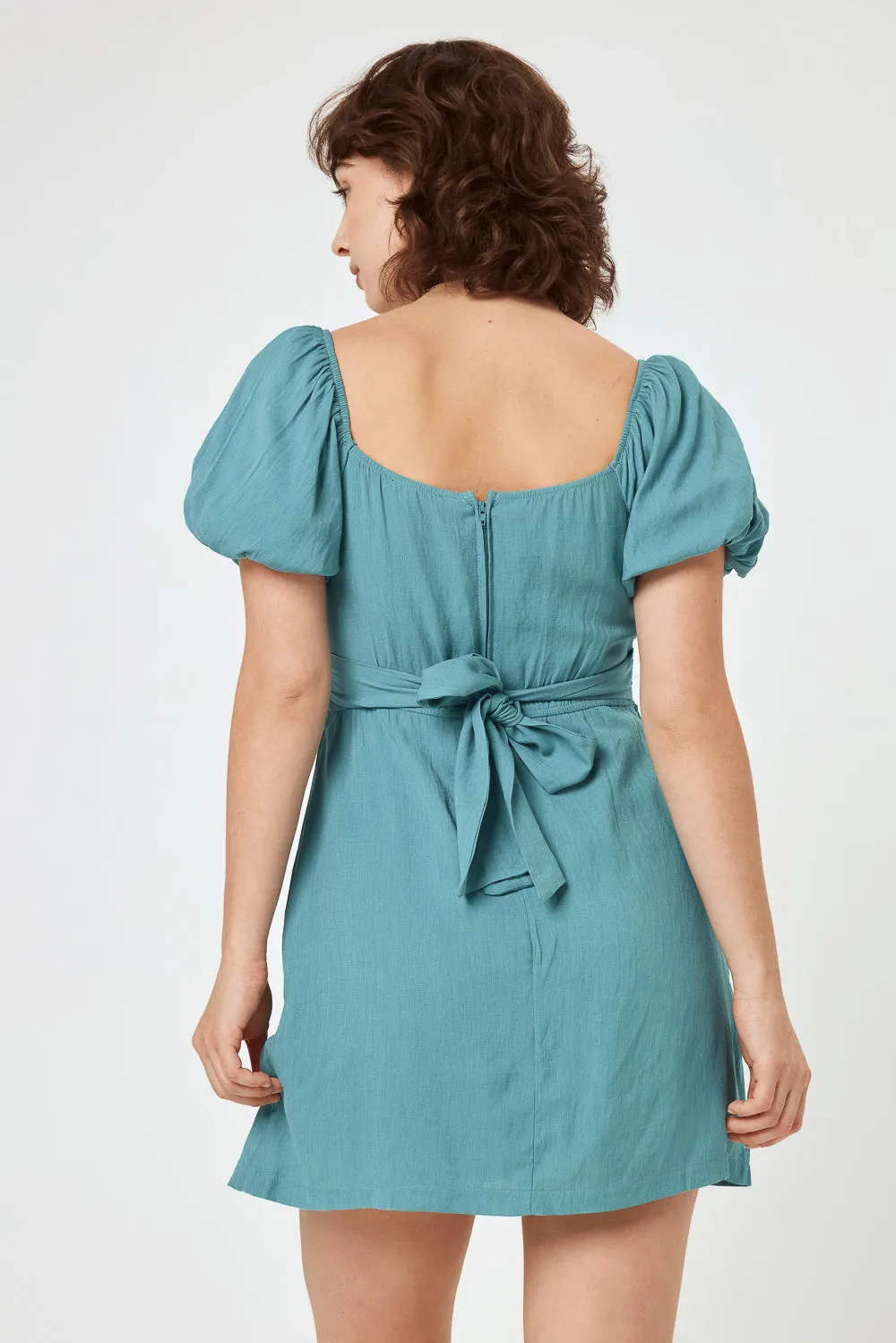 Turquoise Lace Trim Puff Sleeve Dress