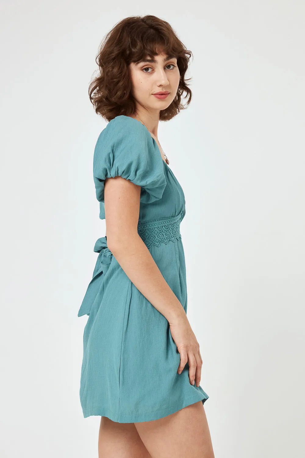 Turquoise Lace Trim Puff Sleeve Dress