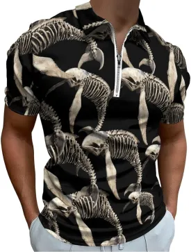 Whale Skeleton Trendy Polo Shirts for Men Short Sleeve Lapel Collar Zipper T-Shirts Outdoor Sports 5XL