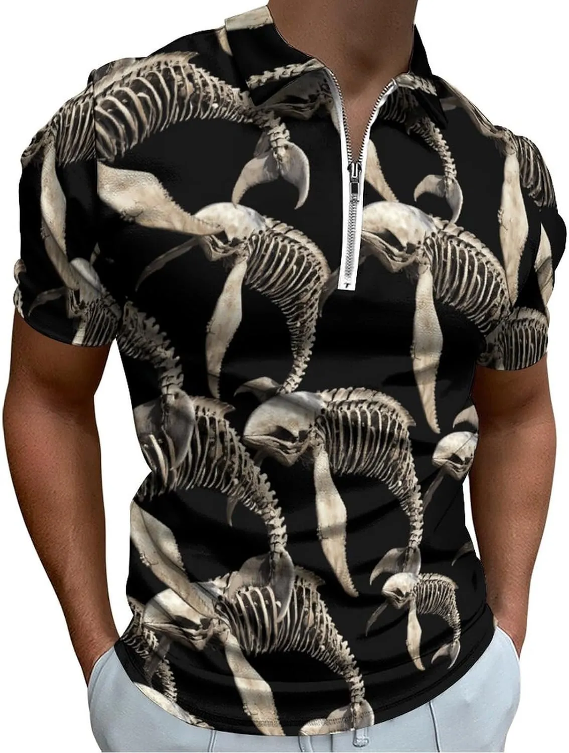 Whale Skeleton Trendy Polo Shirts for Men Short Sleeve Lapel Collar Zipper T-Shirts Outdoor Sports 5XL