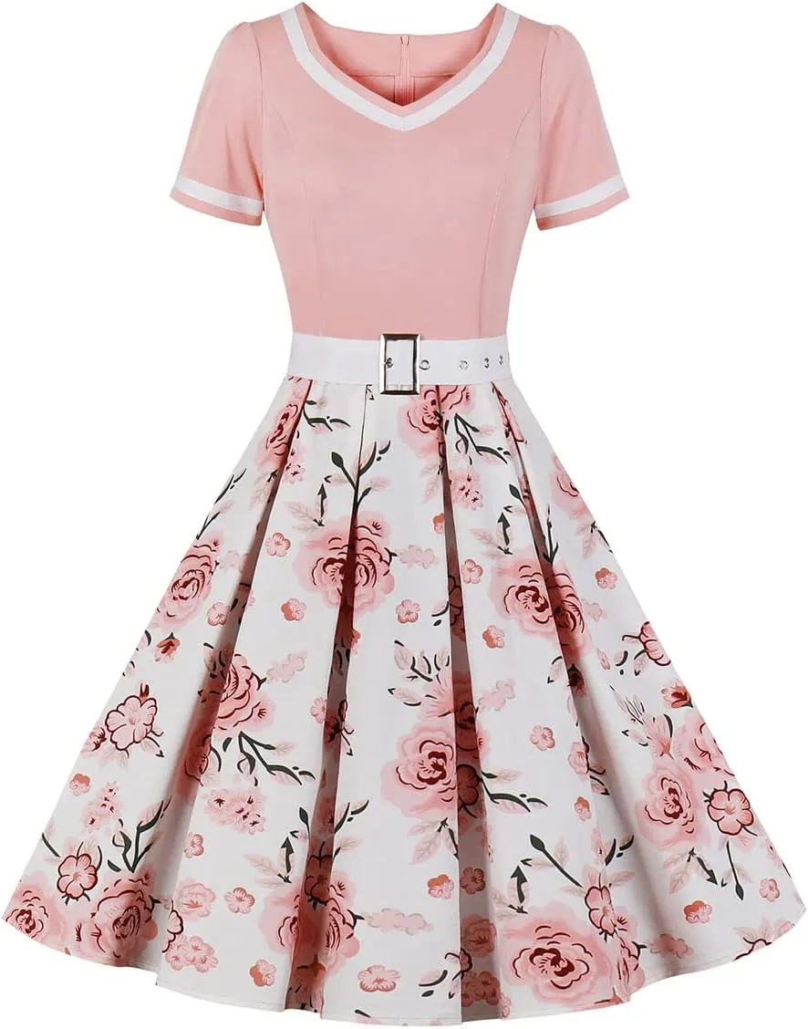 Women Short Sleeve 1950s Retro Vintage Cocktail Party Swing Dress Polka Dot Audrey Dress Casual A-Line Work Dress with Belt