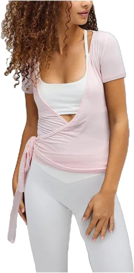 Women Short Sleeve Tie Wrap Top Y2K V Neck Cross Wrap Yoga Crop Top Slim Fit Tie Front Workout Ballet Shirt