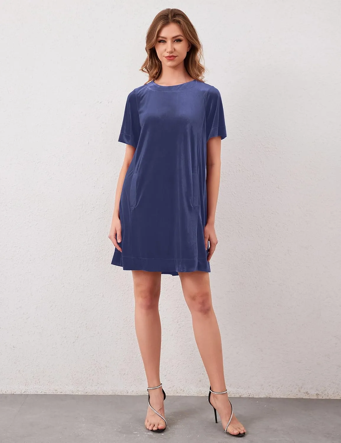 Women Velvet Short Sleeve Dress Casual Loose Mini Dress Plain Tunic T Shirt Dress Comfy Short Shift Dress with Pocket