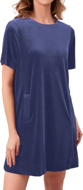 Women Velvet Short Sleeve Dress Casual Loose Mini Dress Plain Tunic T Shirt Dress Comfy Short Shift Dress with Pocket