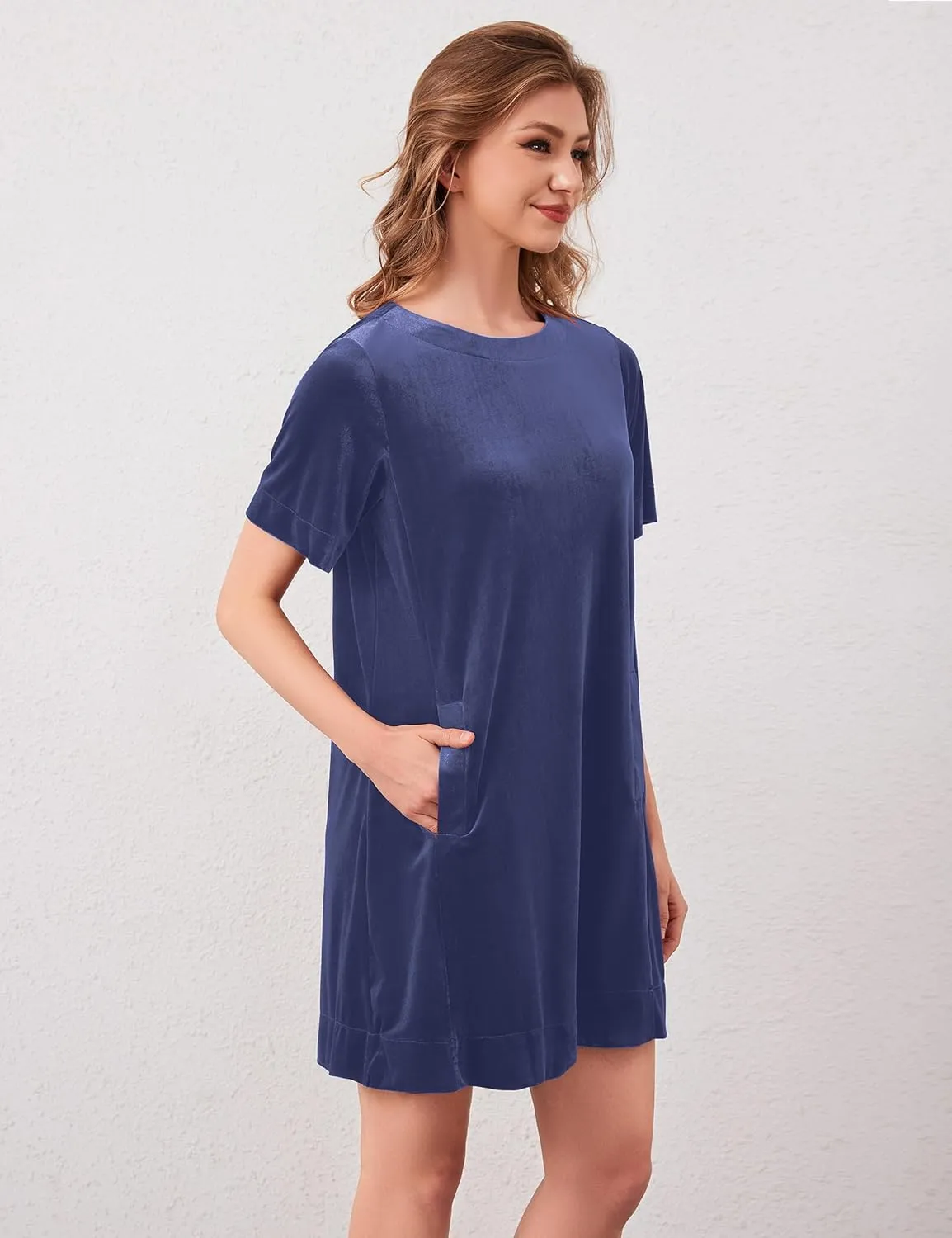 Women Velvet Short Sleeve Dress Casual Loose Mini Dress Plain Tunic T Shirt Dress Comfy Short Shift Dress with Pocket