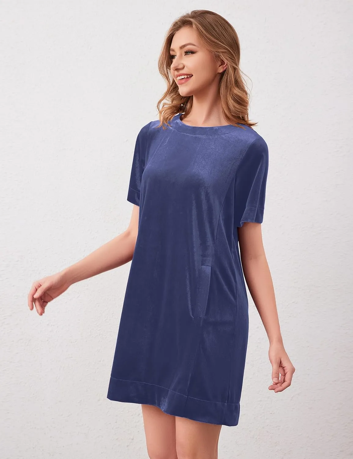Women Velvet Short Sleeve Dress Casual Loose Mini Dress Plain Tunic T Shirt Dress Comfy Short Shift Dress with Pocket