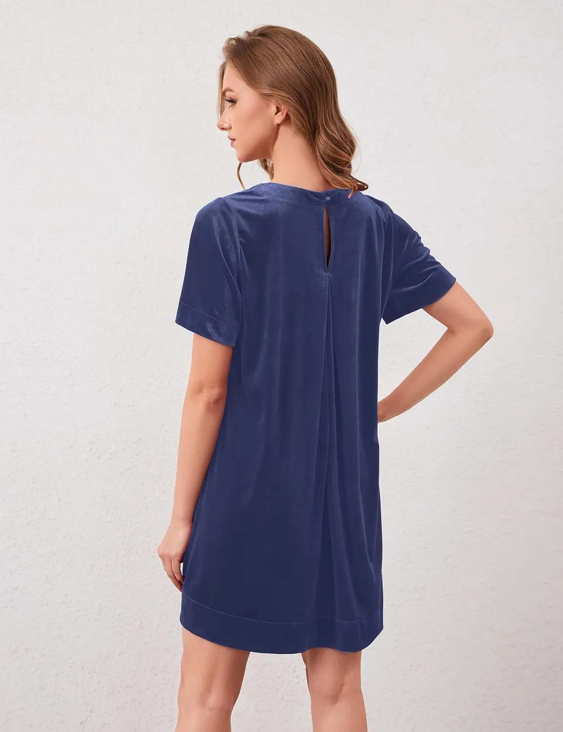 Women Velvet Short Sleeve Dress Casual Loose Mini Dress Plain Tunic T Shirt Dress Comfy Short Shift Dress with Pocket