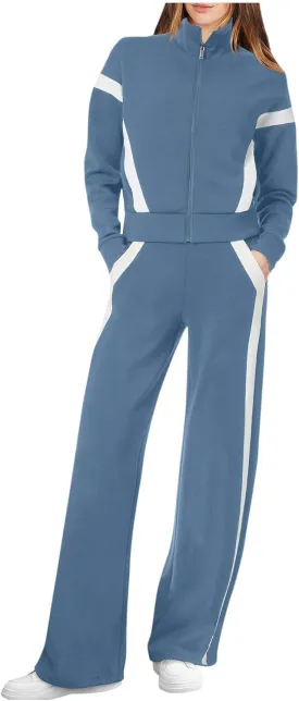 Womens Color Block Tracksuit 2 Pieces Outfits Long Sleeve Zipper Jacket and Pants Sportswear Sweatsuits with Pocket