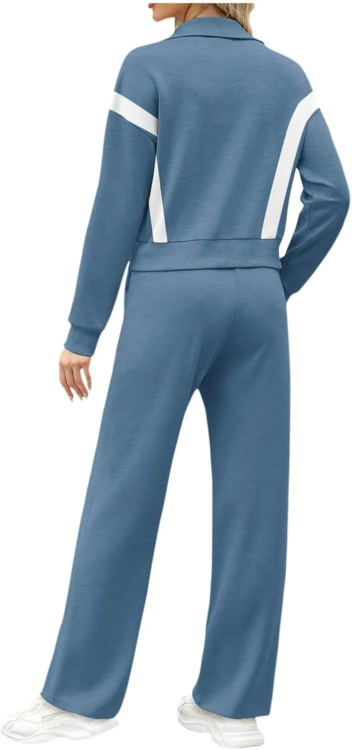 Womens Color Block Tracksuit 2 Pieces Outfits Long Sleeve Zipper Jacket and Pants Sportswear Sweatsuits with Pocket