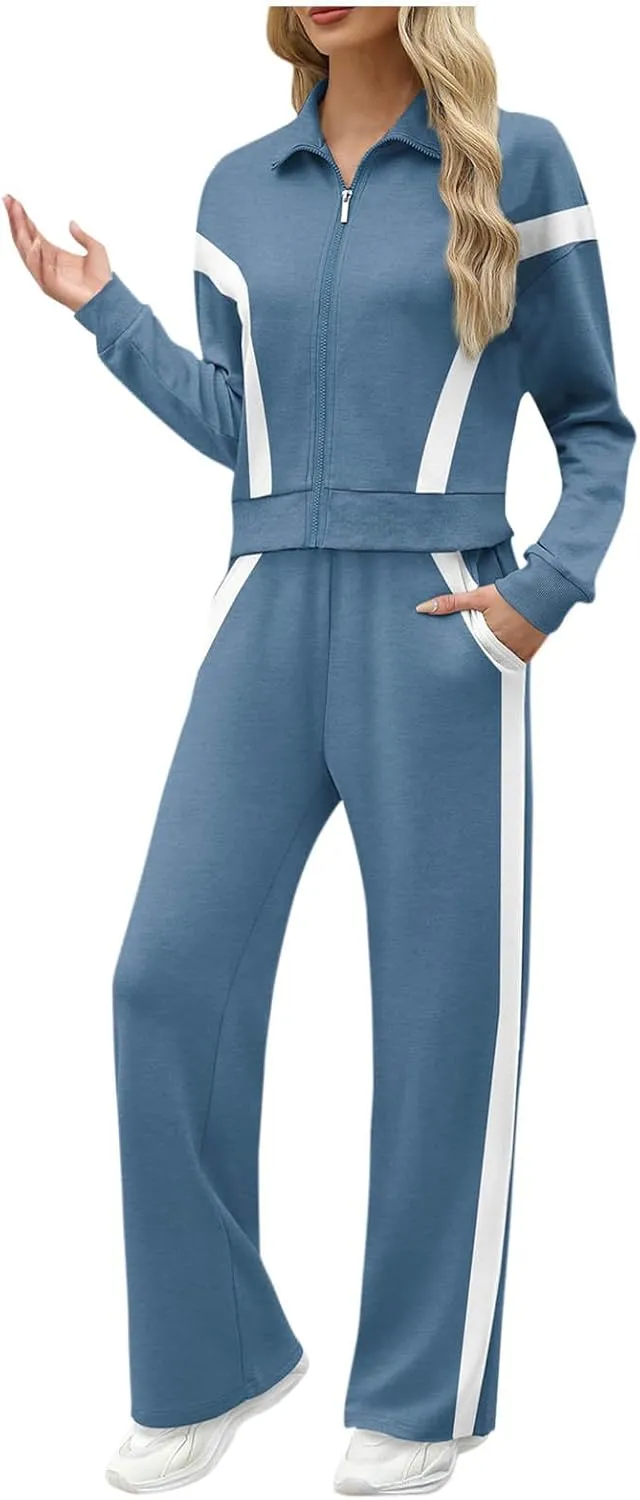 Womens Color Block Tracksuit 2 Pieces Outfits Long Sleeve Zipper Jacket and Pants Sportswear Sweatsuits with Pocket