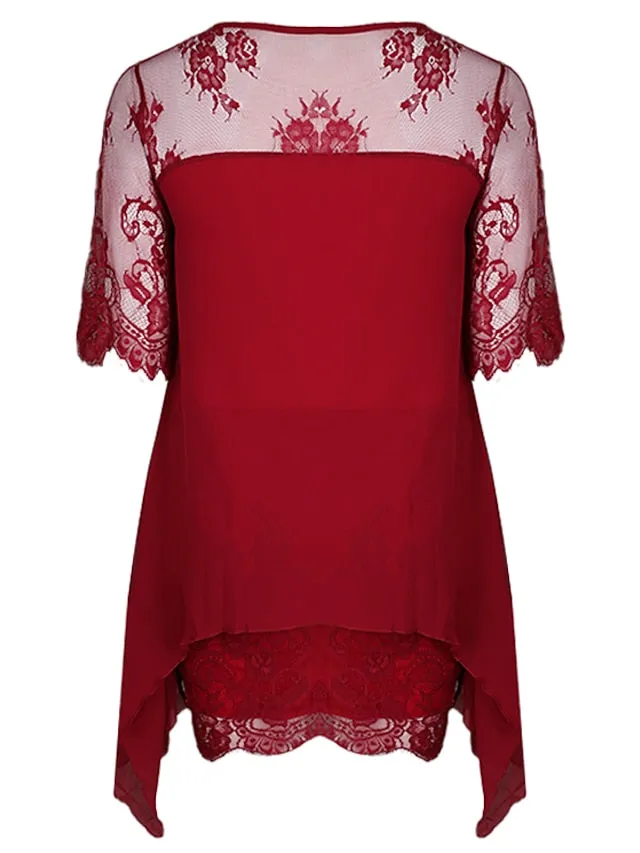 Women's Plus Size Party Dress Solid Color Crew Neck Lace 3/4 Length Sleeve Spring Summer Casual Prom Dress Midi Dress Party Work Dress / Lace Dress / Homecoming Dress