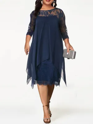 Women's Plus Size Party Dress Solid Color Crew Neck Lace 3/4 Length Sleeve Spring Summer Casual Prom Dress Midi Dress Party Work Dress / Lace Dress / Homecoming Dress