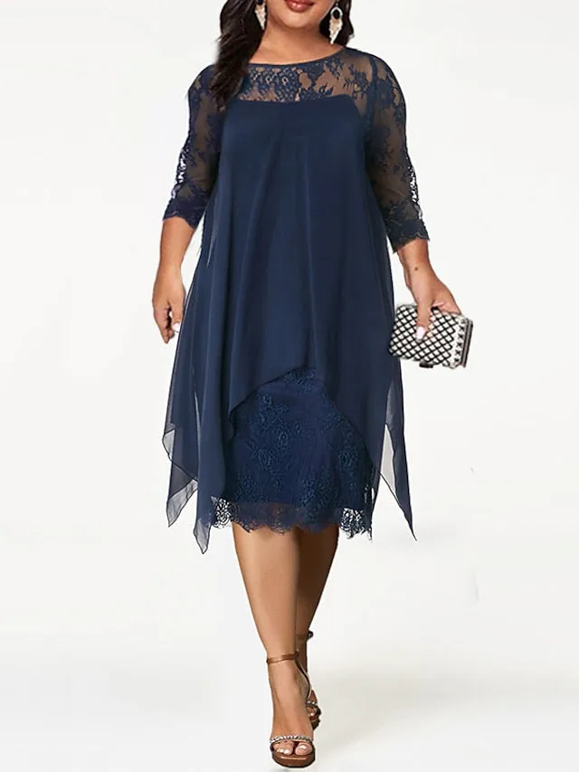 Women's Plus Size Party Dress Solid Color Crew Neck Lace 3/4 Length Sleeve Spring Summer Casual Prom Dress Midi Dress Party Work Dress / Lace Dress / Homecoming Dress