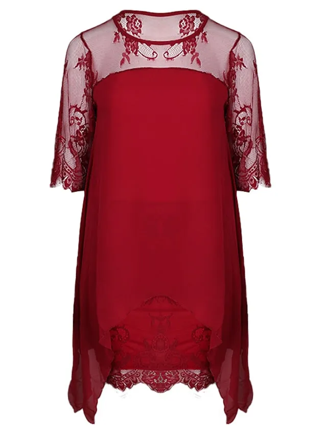 Women's Plus Size Party Dress Solid Color Crew Neck Lace 3/4 Length Sleeve Spring Summer Casual Prom Dress Midi Dress Party Work Dress / Lace Dress / Homecoming Dress