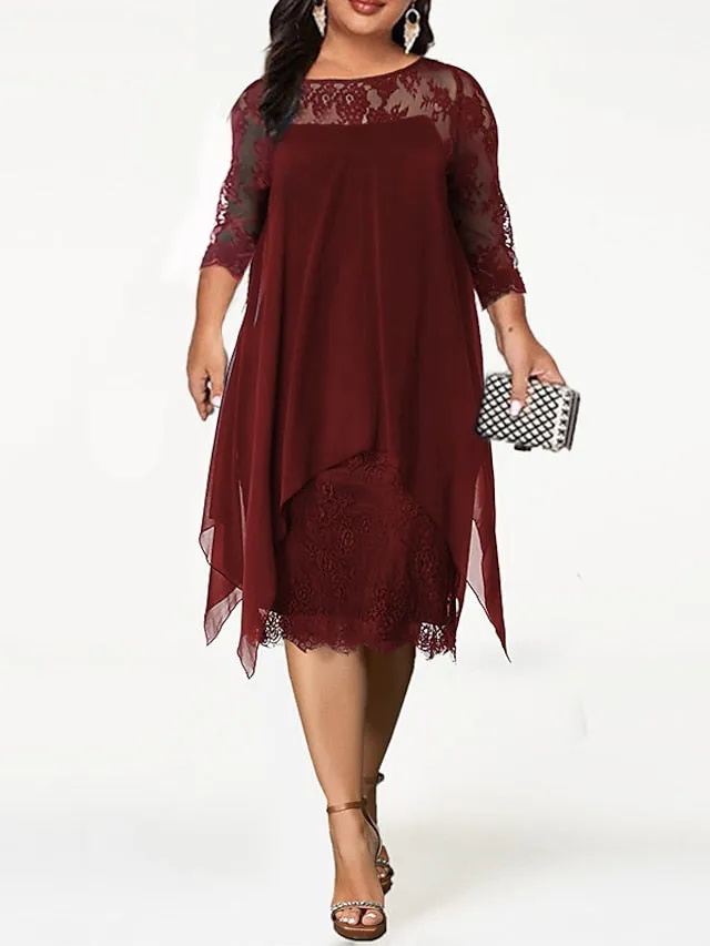 Women's Plus Size Party Dress Solid Color Crew Neck Lace 3/4 Length Sleeve Spring Summer Casual Prom Dress Midi Dress Party Work Dress / Lace Dress / Homecoming Dress