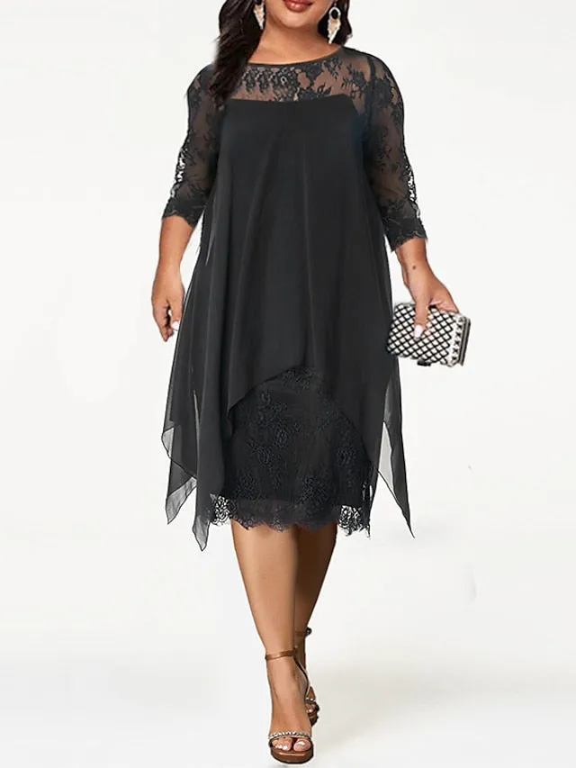 Women's Plus Size Party Dress Solid Color Crew Neck Lace 3/4 Length Sleeve Spring Summer Casual Prom Dress Midi Dress Party Work Dress / Lace Dress / Homecoming Dress