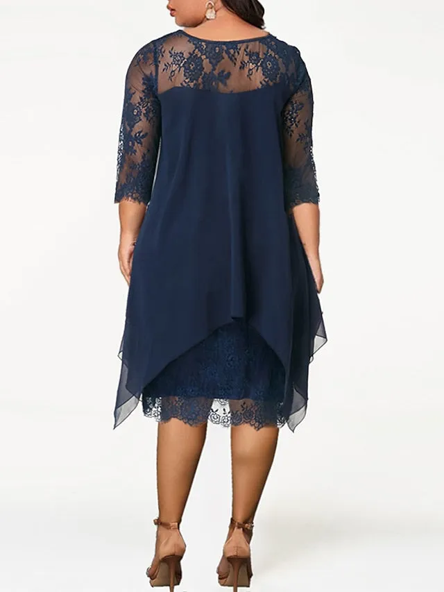 Women's Plus Size Party Dress Solid Color Crew Neck Lace 3/4 Length Sleeve Spring Summer Casual Prom Dress Midi Dress Party Work Dress / Lace Dress / Homecoming Dress